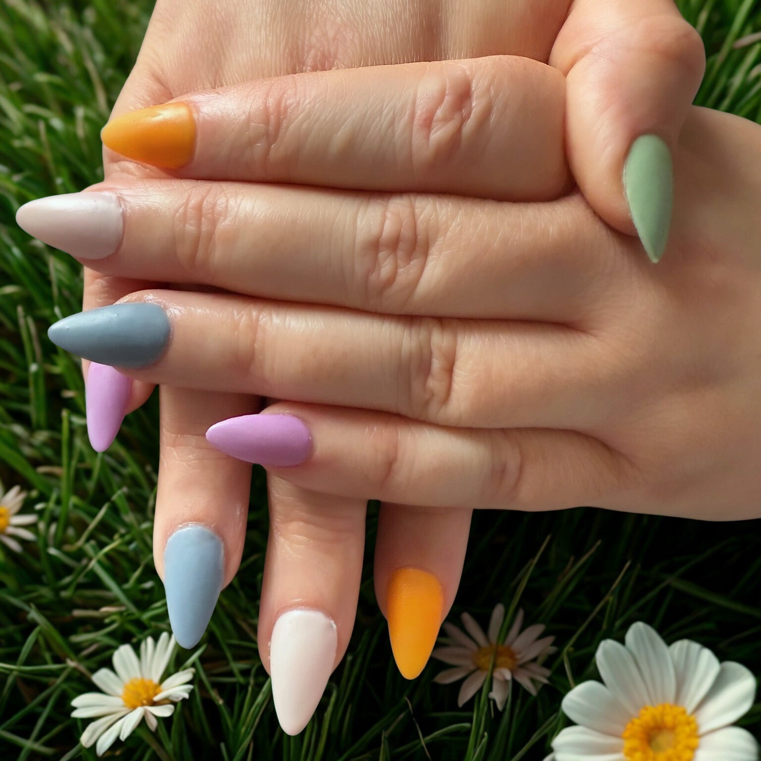 Close-up of hands with colorful nail polish on a grassy background with flowers.