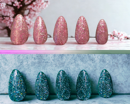 Set of glittery pink and green nail art designs on a neutral background with cherry blossoms.